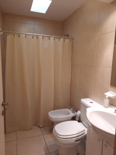 La salle de bains est pourvue de toilettes, d'une douche et d'un lavabo. dans l'établissement Departamento Tunuyan, à Tunuyán