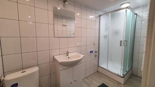 a bathroom with a sink and a toilet and a shower at Silence Villa in Szydłowice
