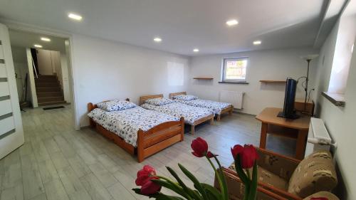 a room with two beds and a television in it at Silence Villa in Szydłowice