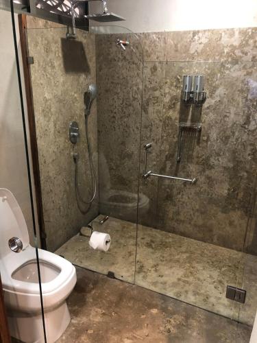 a bathroom with a toilet and a glass shower at Gamma Monterrey Rincon de Santiago in Santiago