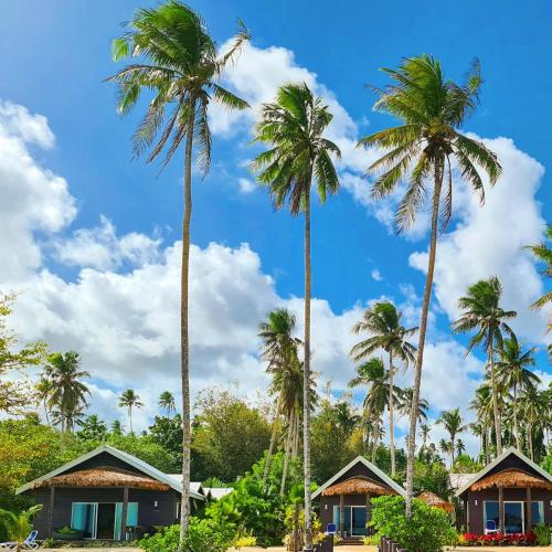 a group of palm trees in front of houses at Saletoga Sands Resort & Spa in Matatufu