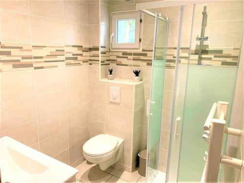 une salle de bain avec toilettes et douche en verre dans l'établissement VILLA BELLA, à La Seyne-sur-Mer