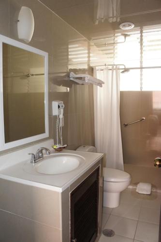 a bathroom with a sink and a toilet and a mirror at Hotel Suites Teziutlan in Teziutlán
