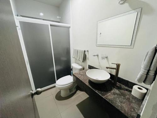 La salle de bains est pourvue de toilettes, d'une douche et d'un lavabo. dans l'établissement Departamento en CERRITOS a 2 cuadras de PLAYA !, à Mazatlán