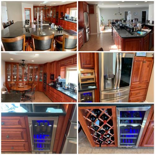 a collage of four pictures of a kitchen at Stunning 3,400 sq ft Lake House w Boat Dock, Sauna, Steam Shower, and More in Clearlake Oaks