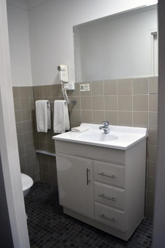 a bathroom with a sink and a mirror and a toilet at Ten Dollar Town Motel in Gulgong