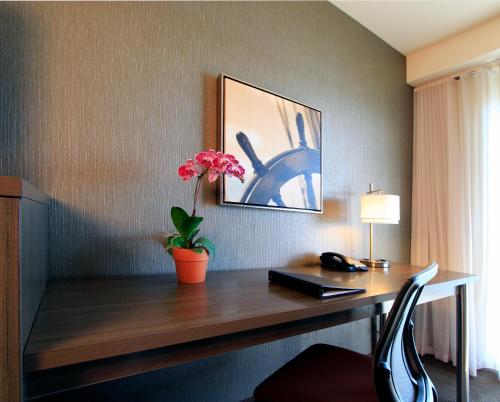 a desk in a hotel room with a plant on it at Executive Inn & Suites Oakland in Oakland