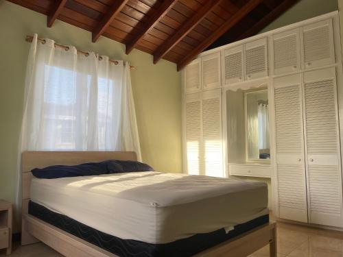 1 dormitorio con 1 cama con ventana y armarios blancos en 'PARLATUVIER' 4 bedroom ocean view home en Saint Philip