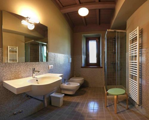 ein Badezimmer mit einem Waschbecken, einem WC und einem Spiegel in der Unterkunft Agriturismo La Dolce Vista in Poppi