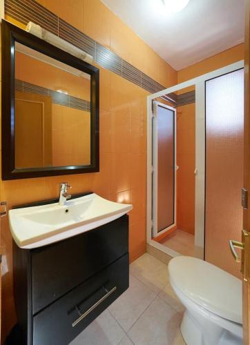 a bathroom with a sink and a toilet and a mirror at Villa Belifage Verte in Albion
