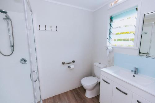 W łazience znajduje się toaleta, umywalka i prysznic. w obiekcie Kooyong Apartment 7 w mieście Arcadia