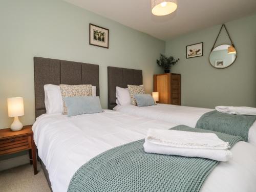 two twin beds in a bedroom with a mirror at Hugill Cottage in Kendal
