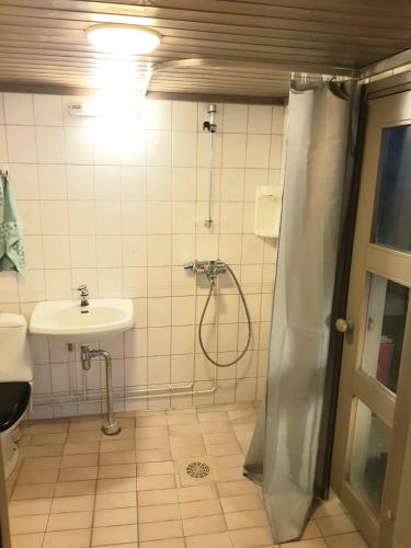 a bathroom with a shower and a sink at Inha holiday house in Ähtäri