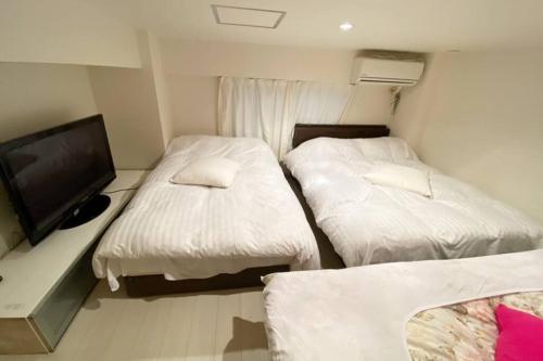two beds in a small room with a tv at Takemura Building 105 in Tokyo