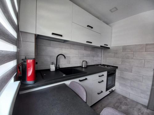 una cucina con mobili bianchi e un lavandino di Studio Acasă a Sibiu