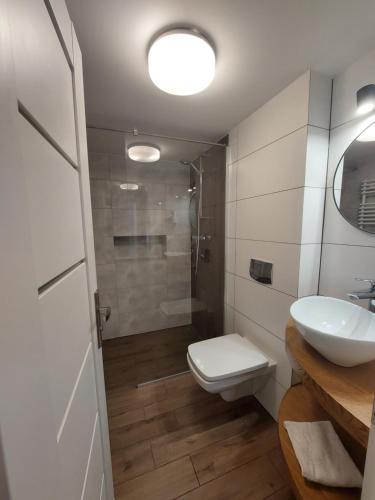 a bathroom with a toilet and a sink and a shower at Apartamenty Biała Perła in Ustroń