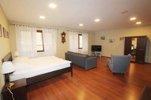 ein großes Schlafzimmer mit einem Bett und zwei Stühlen in der Unterkunft Apartmán U krále - 1 in Jičín