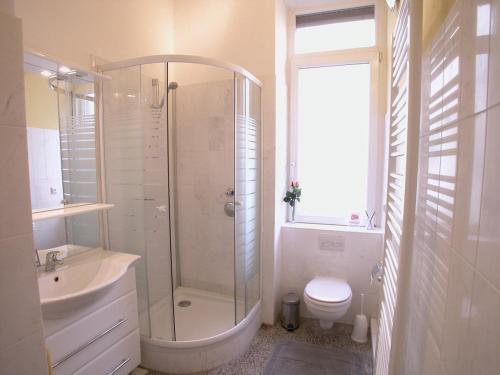a bathroom with a shower and a toilet and a sink at coLodging Mannheim - private rooms & kitchen in Mannheim