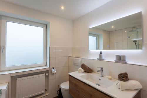 a bathroom with a sink and a toilet and a mirror at Neue 97,5 qm Ferienwohnung, Balkon und Parkplatz in Isny im Allgäu