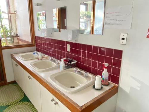 a bathroom with two sinks and a mirror at Pension Green Grass in Chino