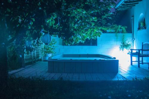 a jacuzzi tub in a backyard at night at La Quercia e il Gelso in Baricella