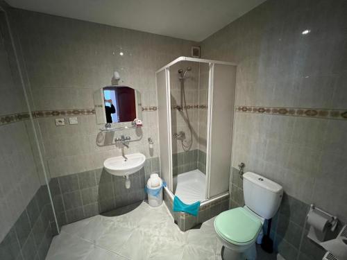 コニンにあるZajazd Grodzkiのバスルーム(トイレ、シャワー、シンク付)
