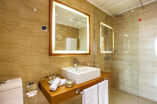 a bathroom with a sink and a mirror and a shower at Landmark Creek Hotel Plovdiv in Plovdiv