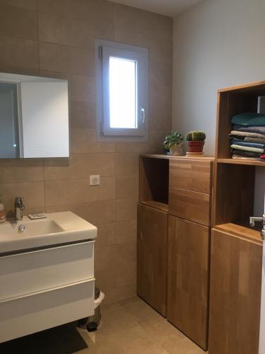 une salle de bain avec un lavabo et un miroir dans l'établissement Villa aux oliviers, climatisation, piscine et barbecue, à Vallauris