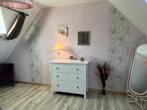 a bedroom with a dresser and a mirror at Gîte du Ruisseau de la Renne in Thésée