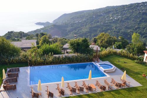 a villa with a swimming pool and a view of the ocean at Theta Hotel Pelion in Agios Dimitrios