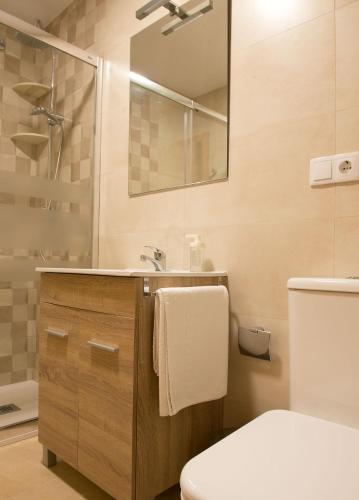 a bathroom with a sink and a toilet and a mirror at Hotel La Puerta de Arzúa in Arzúa