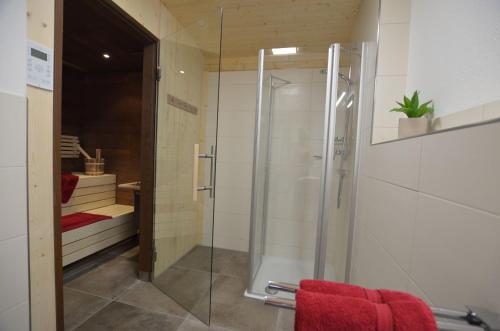 a shower with a glass door in a bathroom at Feriendorf Via Claudia Haus 78 Platzhirsch in Lechbruck