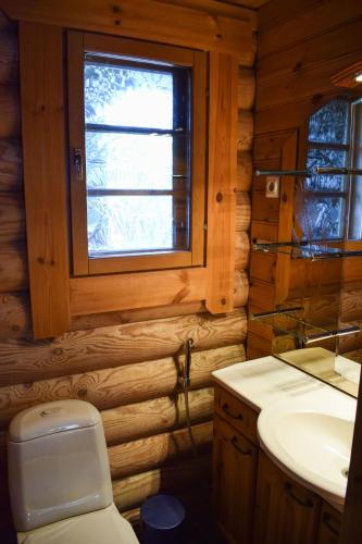 a bathroom with a toilet and a sink and a window at Lomalehto Cottages in Kiviapaja