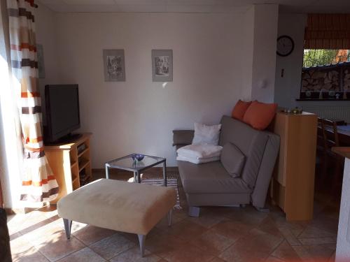 a living room with a couch and a tv at Haus Rosi Einliegerwohnung in Weiskirchen