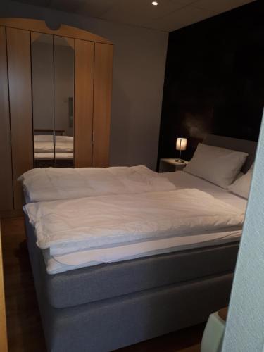 a large white bed in a bedroom with a mirror at Haus Rosi Einliegerwohnung in Weiskirchen