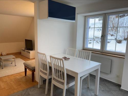 a dining room with a white table and chairs at Wunderschöne Ferienwohnung in den Bergen in Tiefencastel
