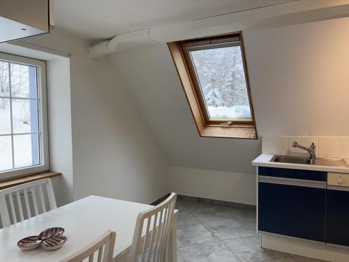 kuchnia ze stołem i umywalką oraz niektóre okna w obiekcie Wunderschöne Ferienwohnung in den Bergen w mieście Tiefencastel