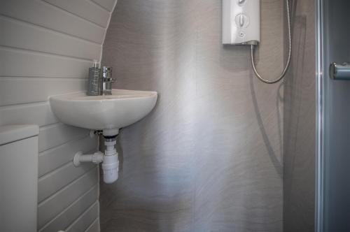 a bathroom with a sink and a shower at Bracken Burrows - 1 Bedroom Pod - New Hedges in New Hedges