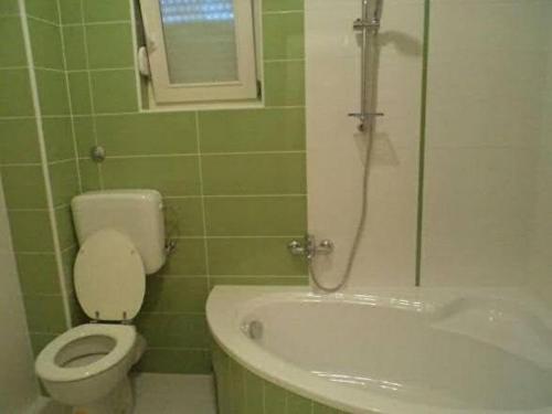 a green tiled bathroom with a toilet and a tub at Ugljanski gusari in Ugljan