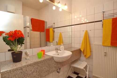 een badkamer met een wastafel en een spiegel bij Meeresblick Wohnung 019 in Kühlungsborn