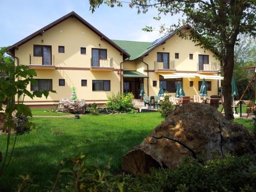 a house with a large rock in the yard at Pensiunea Lunca in Arad