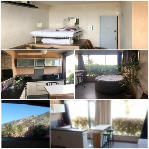 un collage de photos d'une cuisine et d'une chambre dans l'établissement JACUZZI AJACCIO ENTRE MER ET MONTAGNE 200m DES PLUS BELLES PLAGES, à Ajaccio
