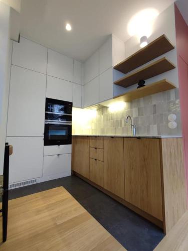 une cuisine avec des armoires en bois et un évier dans l'établissement Suite confortable sur le canal Saint-Martin / République, à Paris