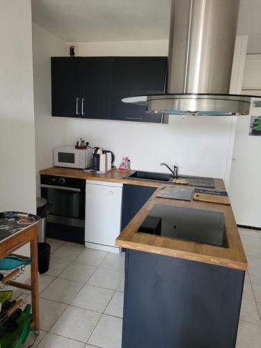 une cuisine avec des armoires noires et un comptoir dans l'établissement Location résidence Océane, à Soulac-sur-Mer