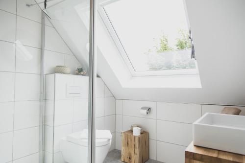 a bathroom with a toilet and a skylight at Gulfhof Boomgaarden Boomgaarden 15 Reemt in Krummhörn