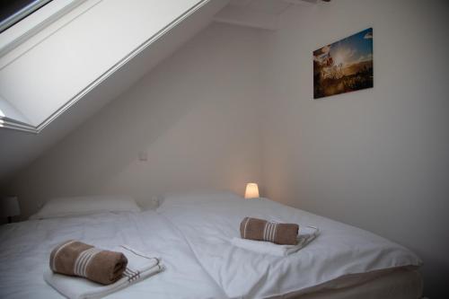 ein Schlafzimmer mit einem weißen Bett mit zwei Kissen darauf in der Unterkunft Gulfhof Boomgaarden Boomgaarden 16 Albert in Krummhörn