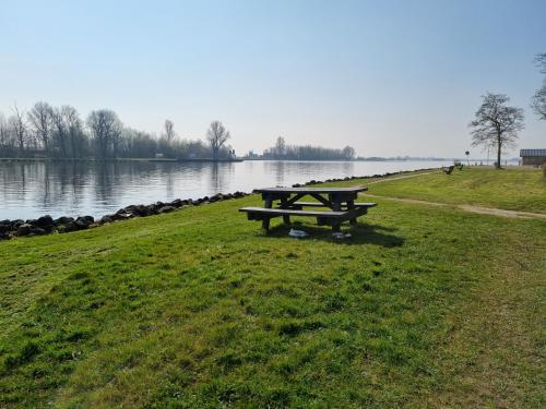 a picnic table in the grass next to a lake at Vakantie vieren aan het Sneekermeer in Offingawier