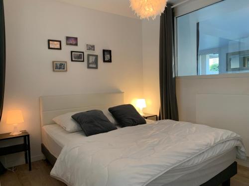 1 dormitorio con 1 cama con 2 almohadas en Appartement rez de jardin bord de mer (Sweet Home) en Saint-Malo
