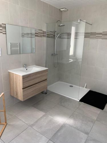 une salle de bain avec une baignoire, un lavabo et une douche dans l'établissement Maisonnette à Brantôme en Périgord, à Puyjoubert