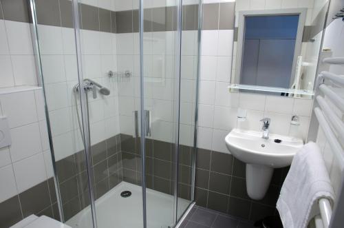 a bathroom with a shower and a sink at U Proroka in Bartošovice v Orlických Horách